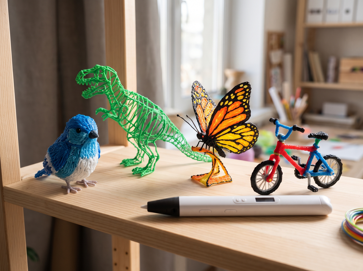 Finished 3D pen creations on a shelf beside the pen