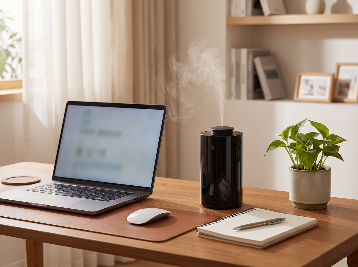 Diffuser on a home office desk beside a laptop