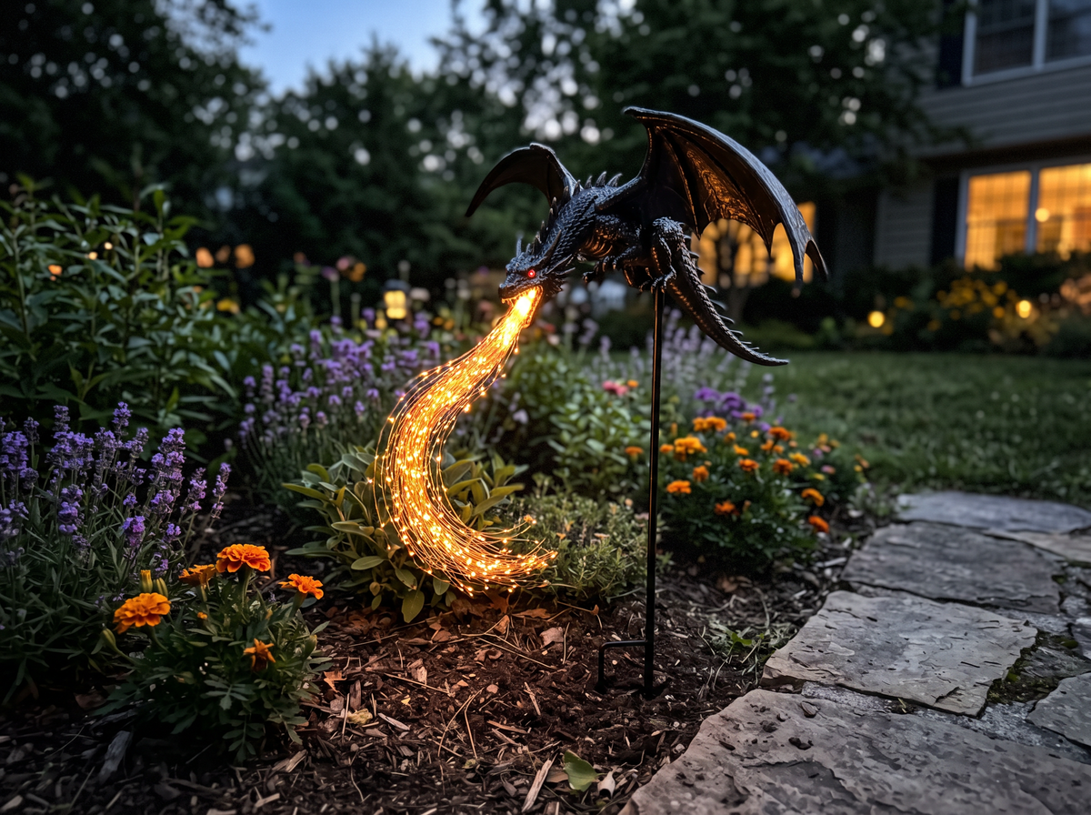 Dragon stake pushed into garden soil beside a stone path