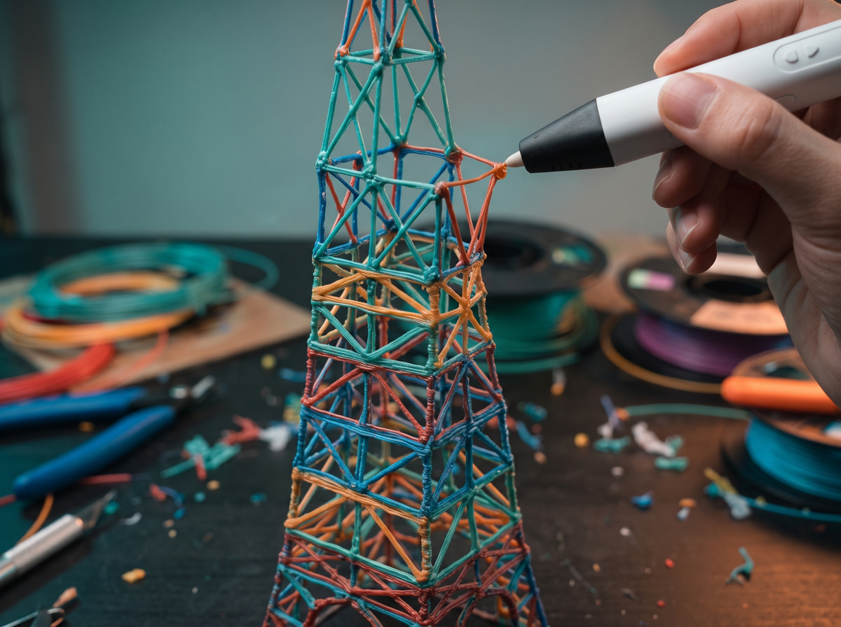 3D pen drawing a tall colorful wireframe tower above a workbench