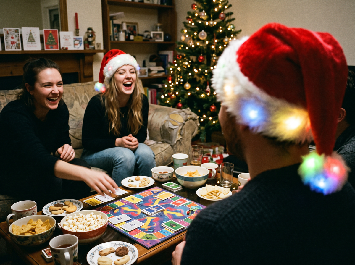 Friends playing a board game at Christmas in light-up Santa hats