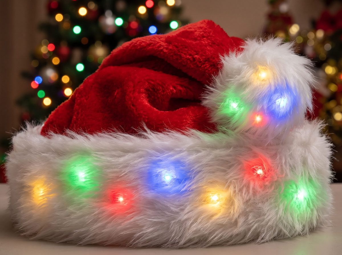 Close-up of multicolor LED lights in the white plush brim and pom-pom of a Santa hat
