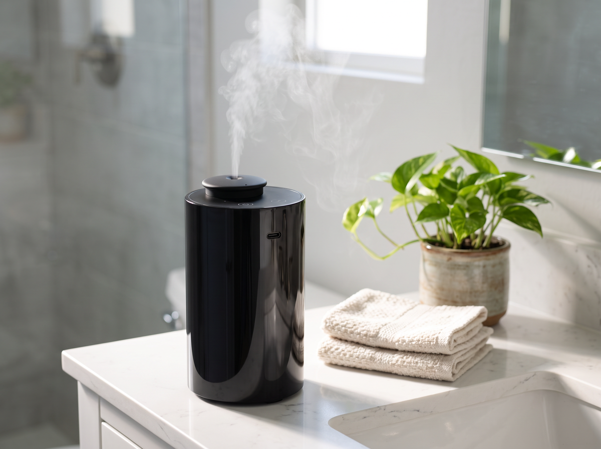 Black waterless diffuser misting on a bathroom vanity