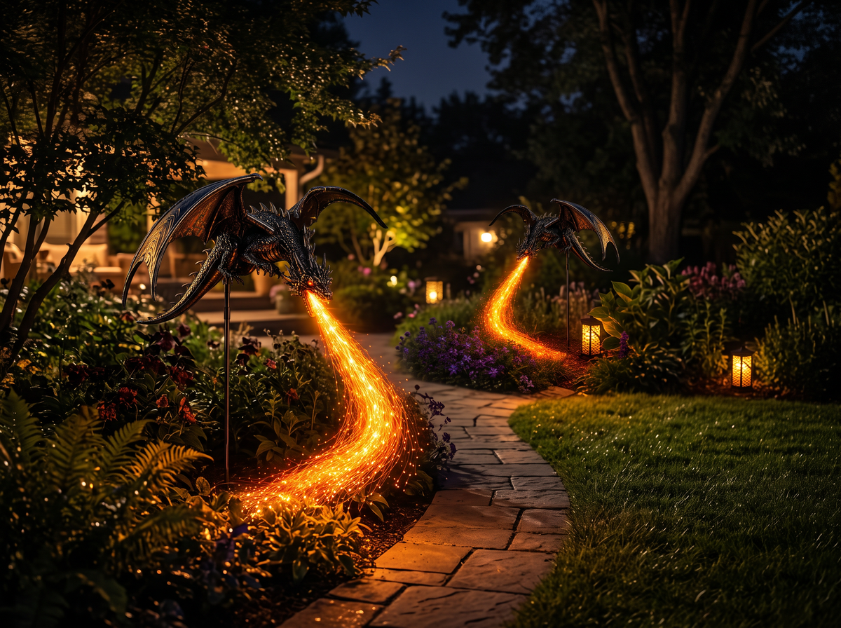 Dragon lights glowing along a garden path at night
