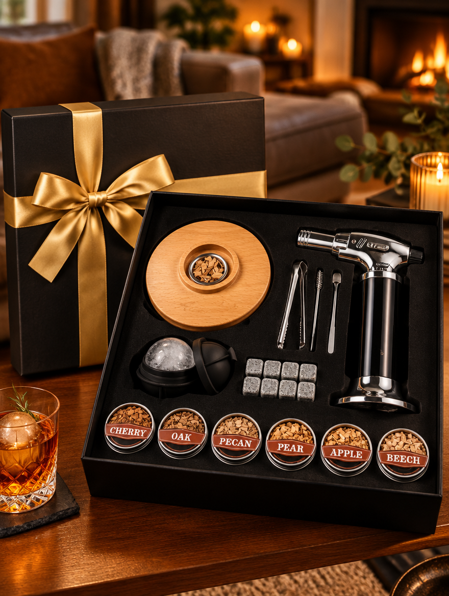 Open black gift box with the full cocktail smoker kit inside