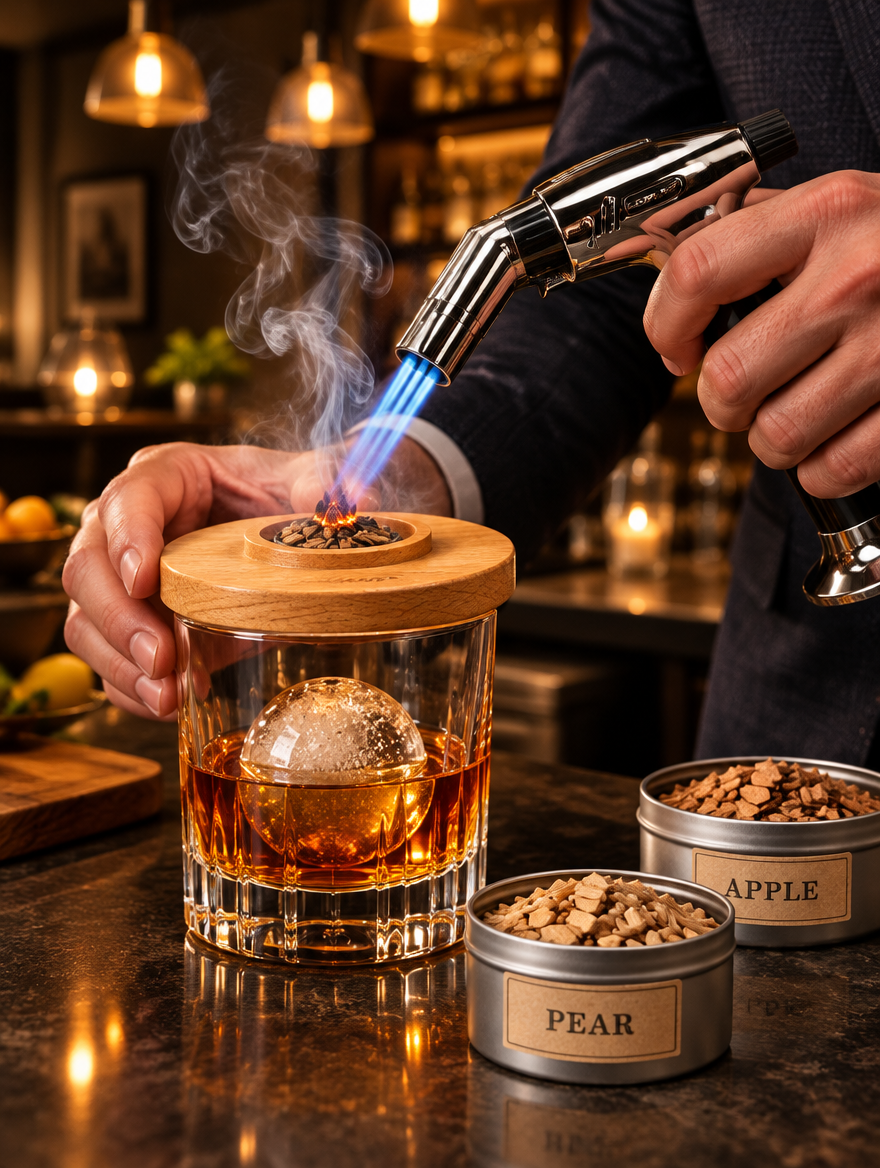 Smoking a bourbon with the oak smoker lid and torch