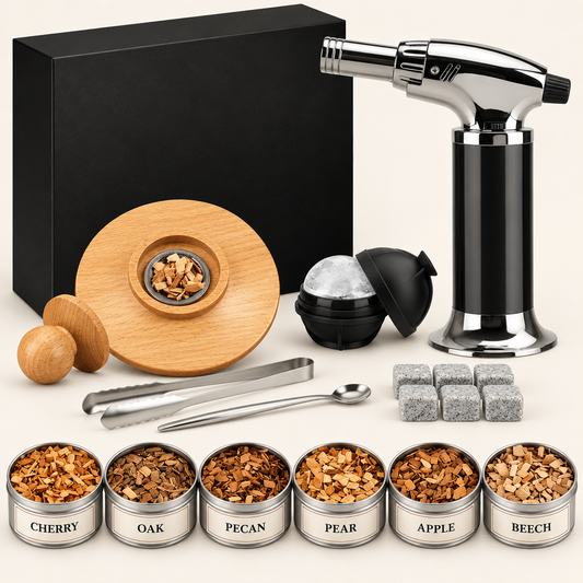 Cocktail smoker kit with oak smoker lid, torch, six wood chip tins, ice ball mould and stone cubes