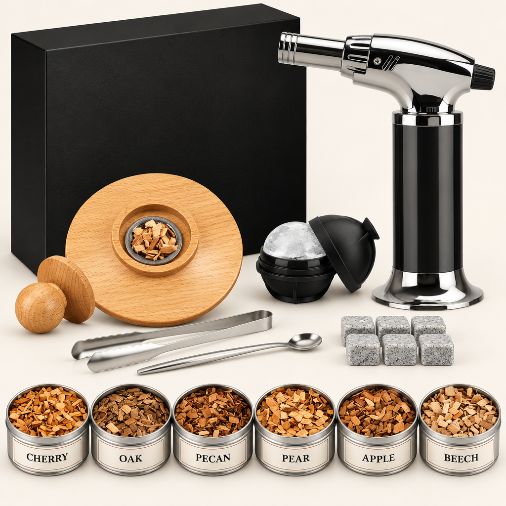 Cocktail smoker kit with oak smoker lid, torch, six wood chip tins, ice ball mould and stone cubes