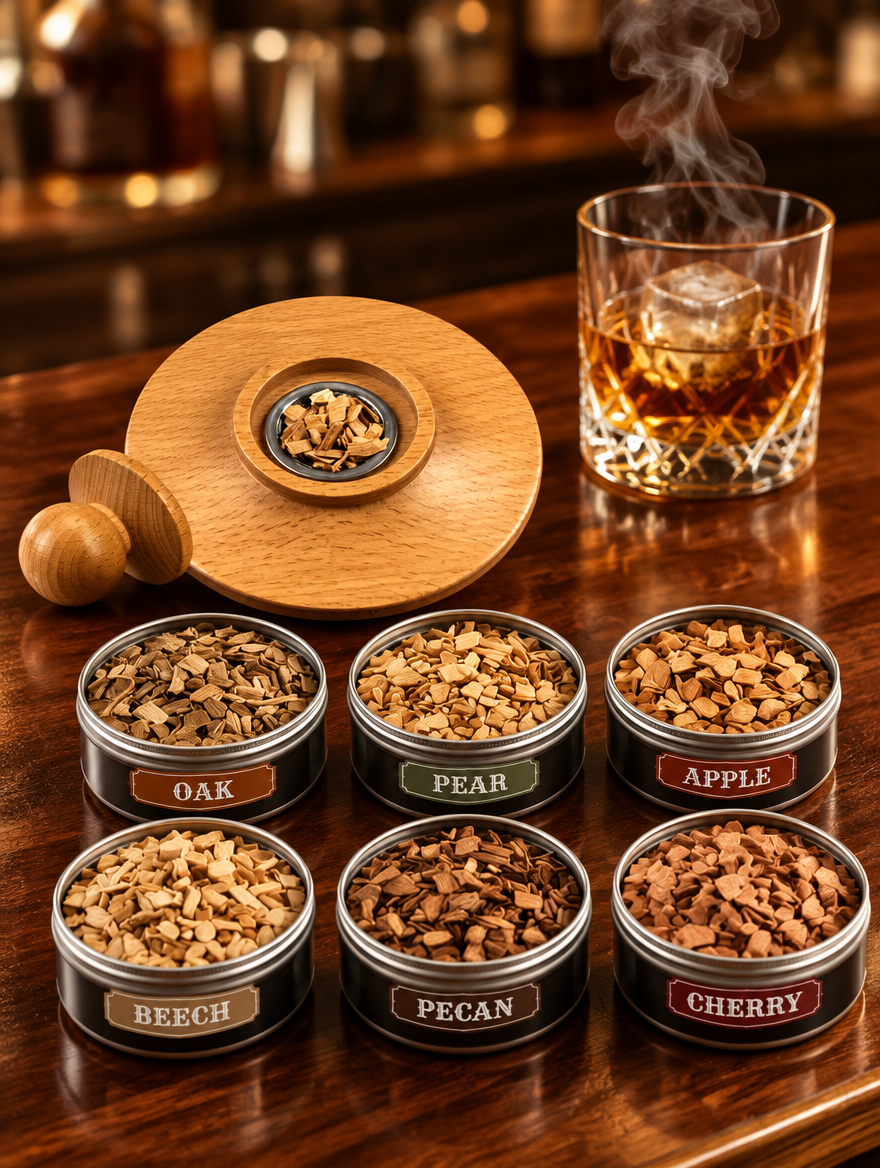 Six open tins of wood chips beside the oak smoker lid