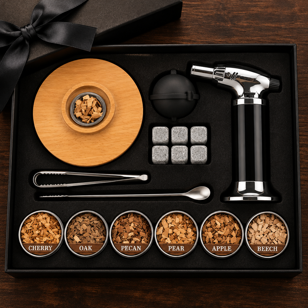 Cocktail smoker kit laid out in its black gift box