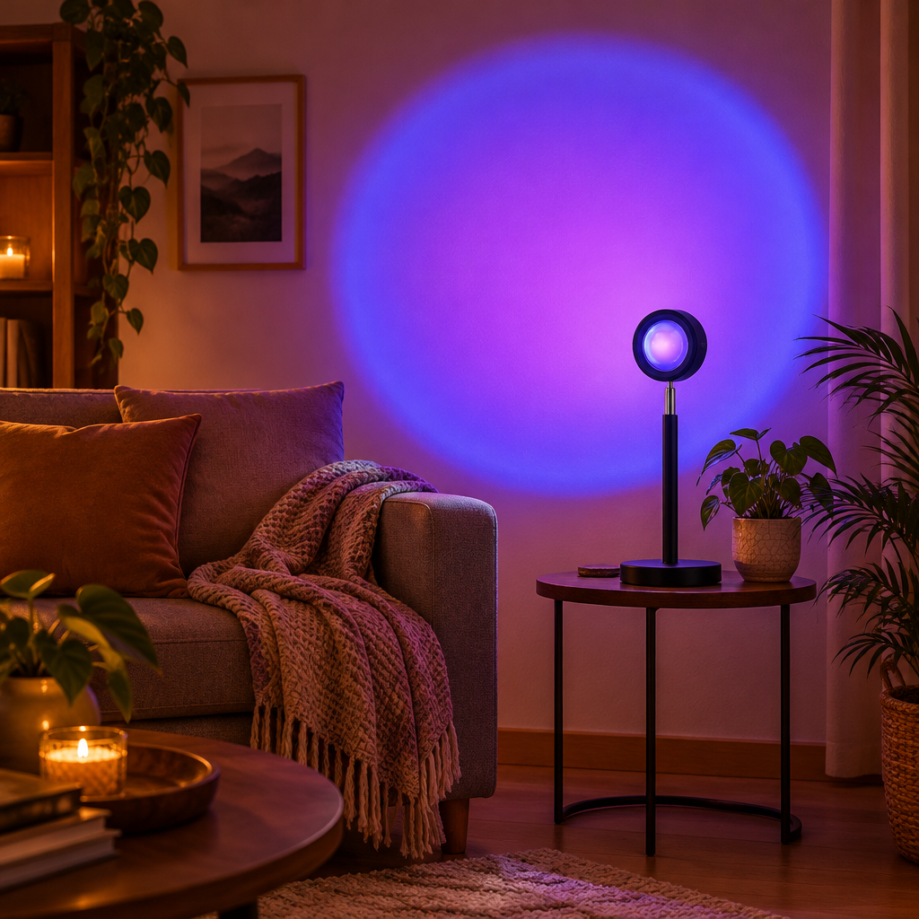 Sunset lamp casting a violet circle of light in a living room