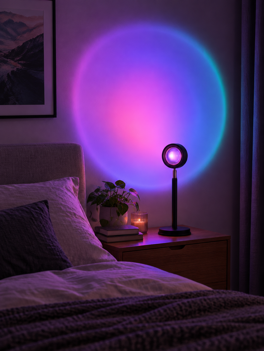 Sunset lamp throwing a purple and pink circle of light above a bed
