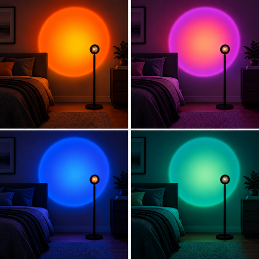 Sunset lamp shown in orange, pink, blue and green light