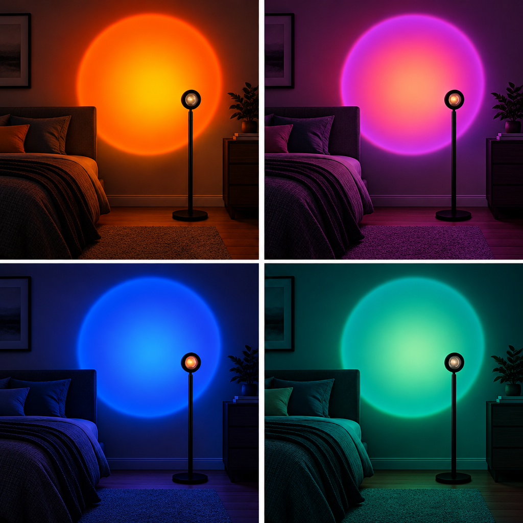Sunset lamp shown in orange, pink, blue and green light