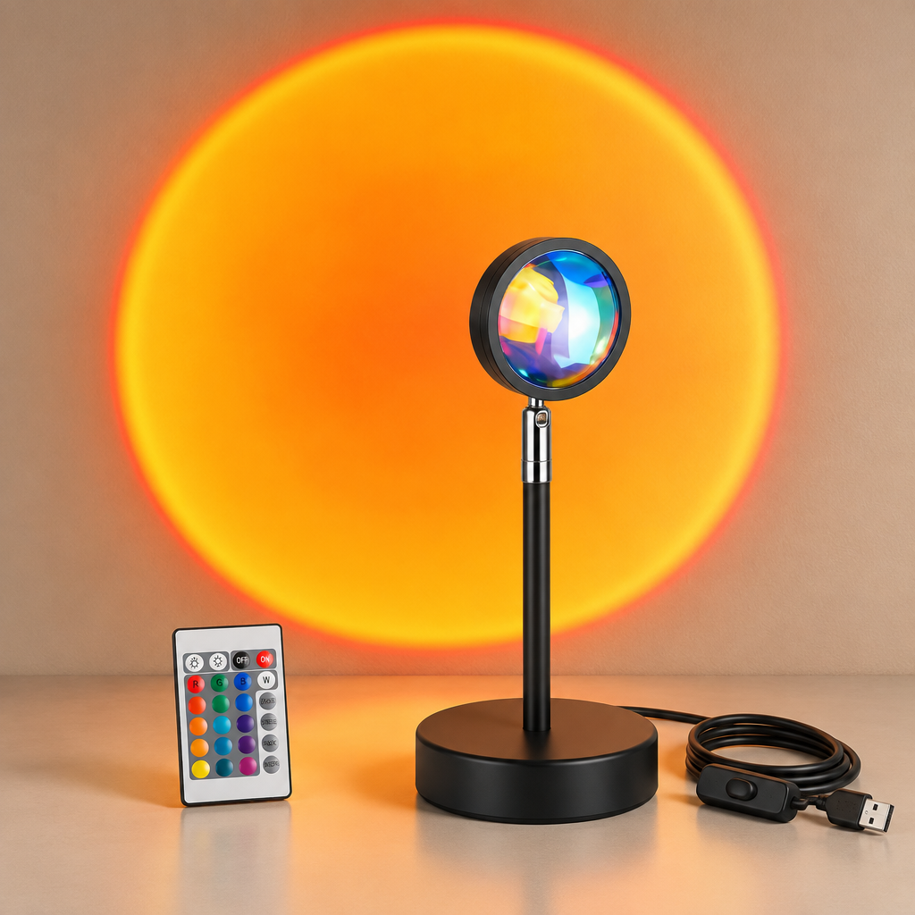 Sunset lamp projector with remote control and cord switch projecting an orange sunset circle