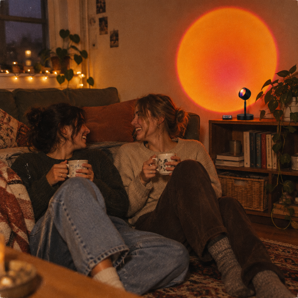 Two friends laughing with mugs on the living room floor in front of the sunset lamp's glow