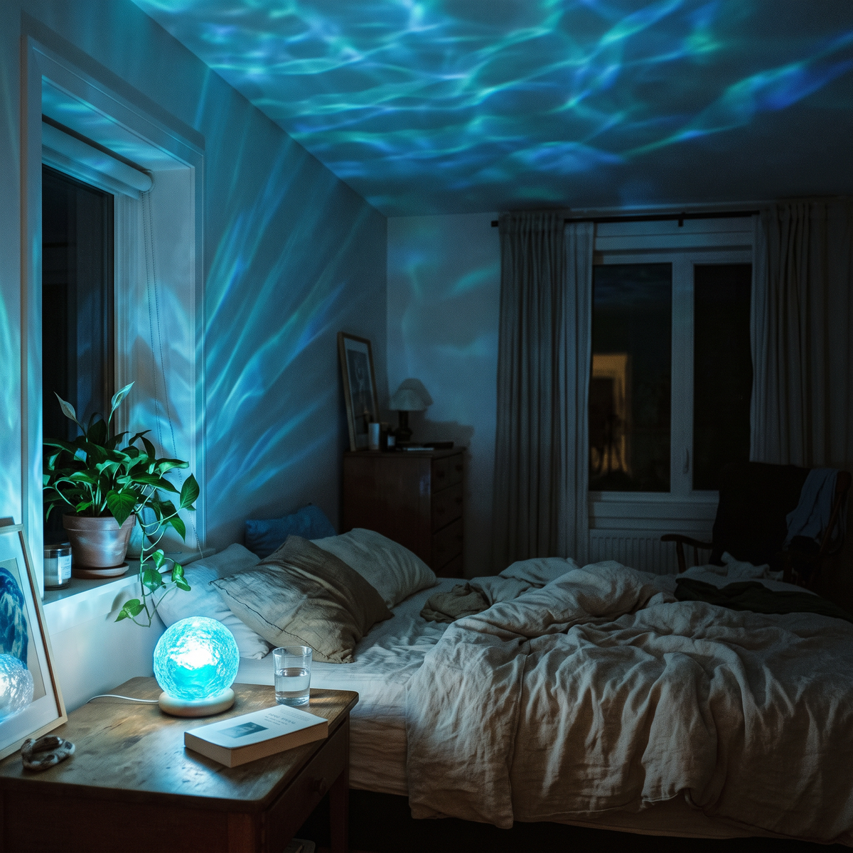 Crystal projector lamp filling a bedroom ceiling with blue ocean-wave light