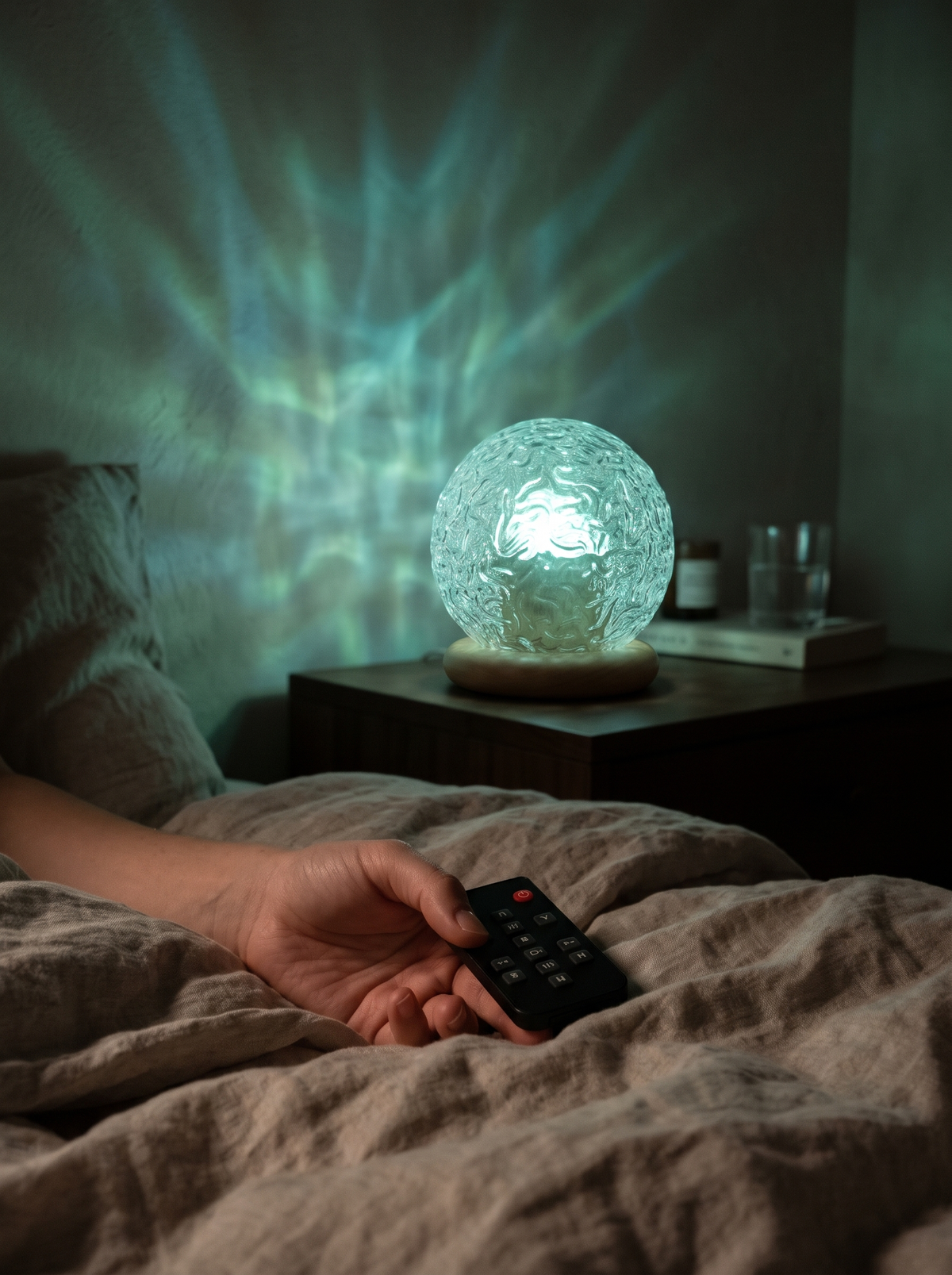 Hand resting on a duvet holding the remote with the crystal projector glowing on the nightstand