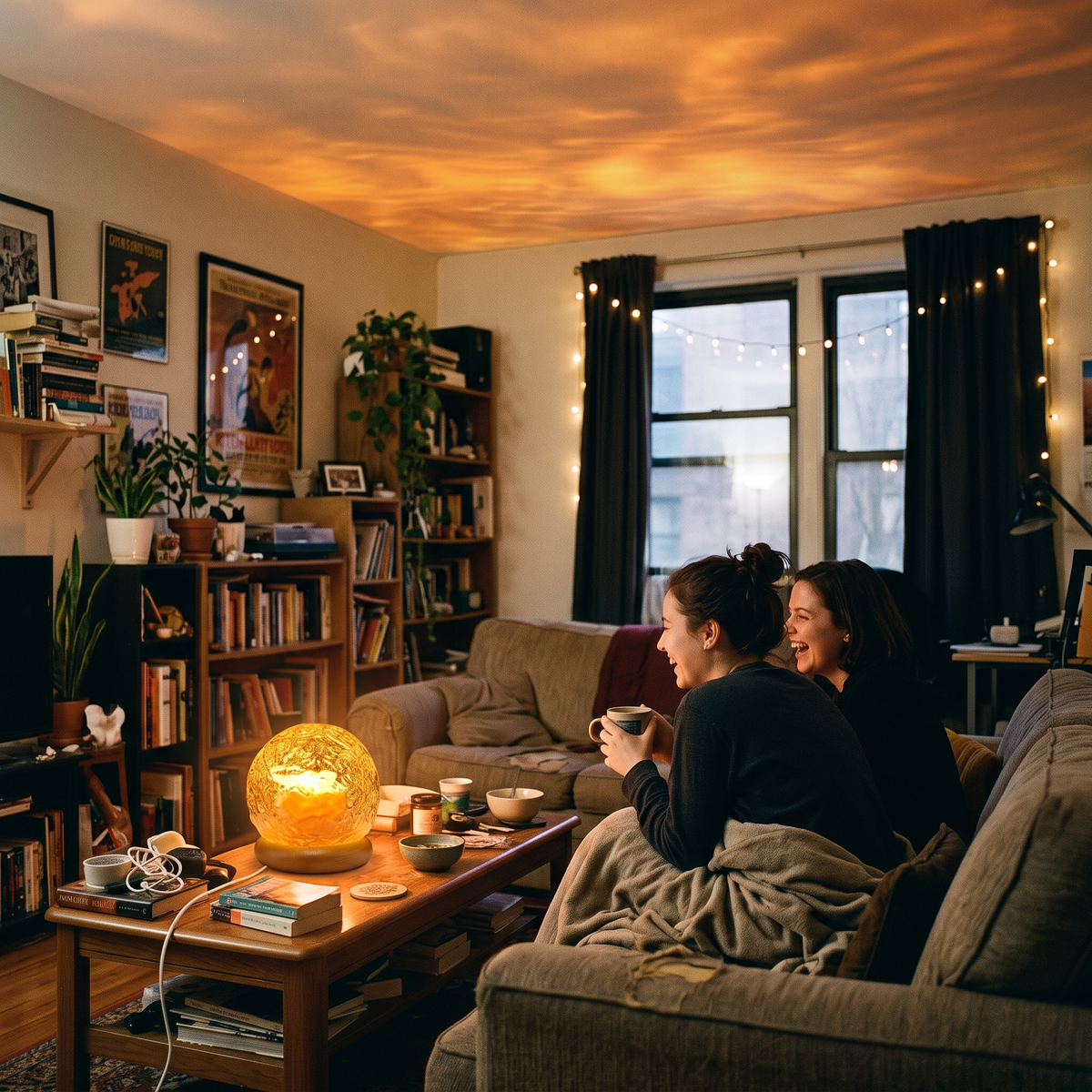 Two friends laughing on a sofa with the crystal projector glowing on the coffee table