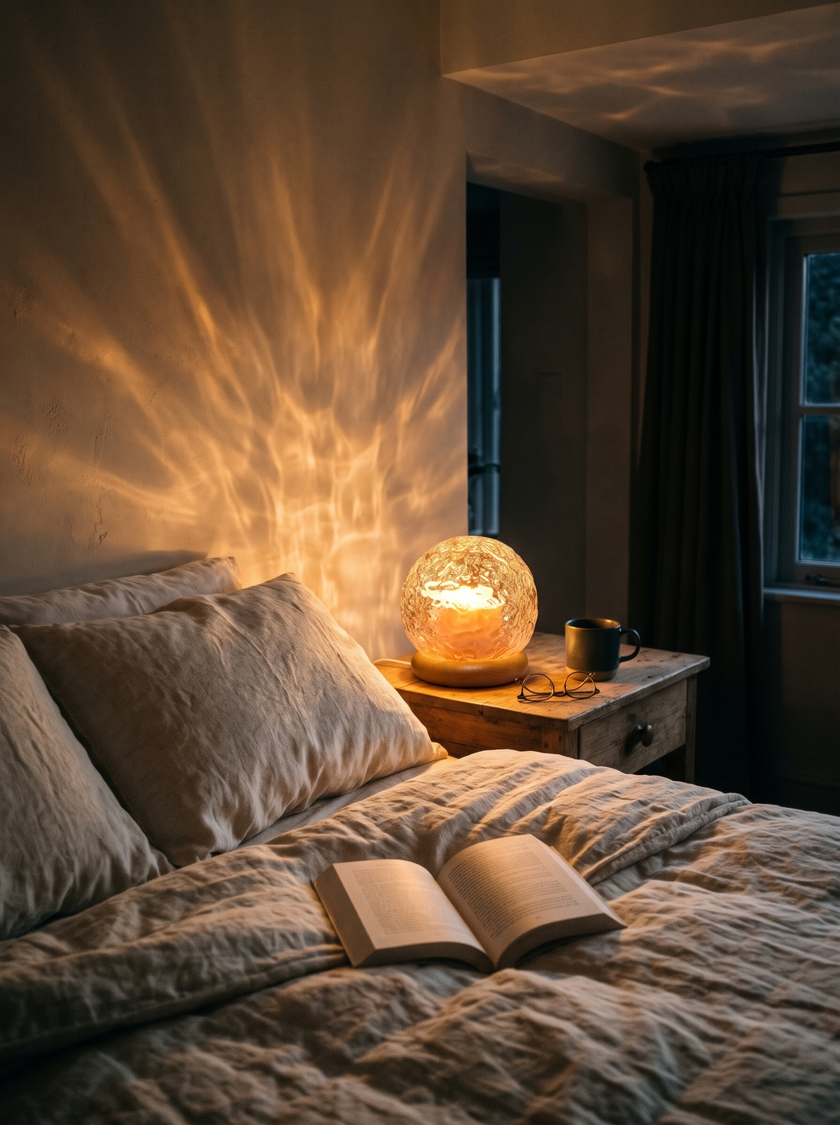 Crystal projector lamp glowing amber beside a bed in the evening