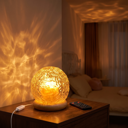 Crystal ambient light projector glowing amber on a bedside table with its remote, casting ripples of light on the wall and ceiling