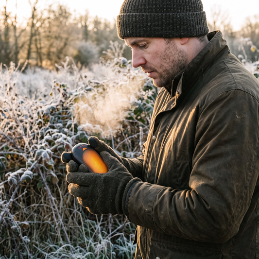 Man in a frosty field holding a glowing rechargeable hand warmer in gloved hands