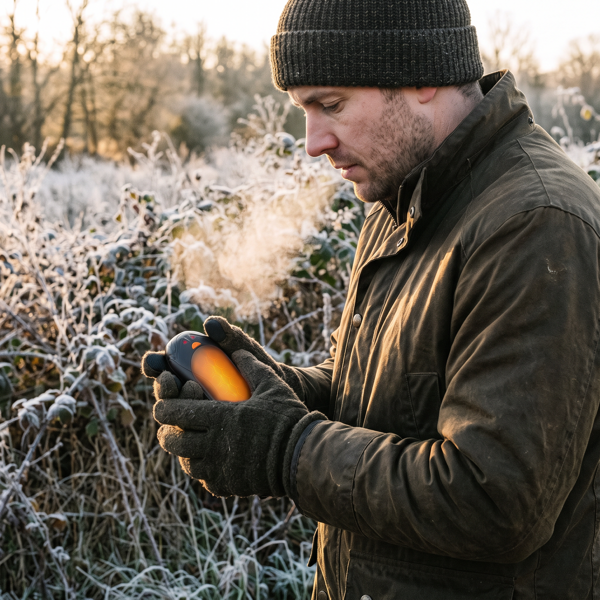 Man in a frosty field holding a glowing rechargeable hand warmer in gloved hands