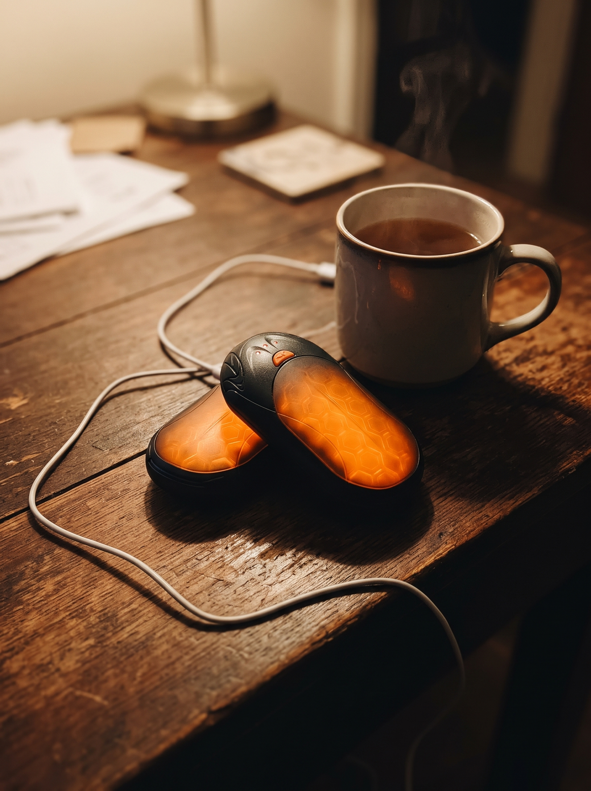 Two hand warmers snapped together on a desk beside a mug and a charging cable