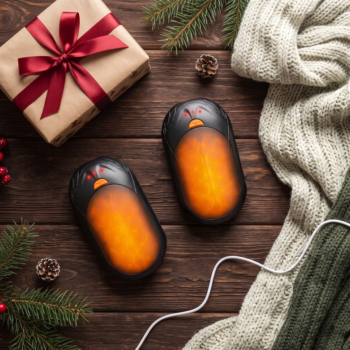 Pair of hand warmers with a charging cable beside a wrapped gift and a knit scarf