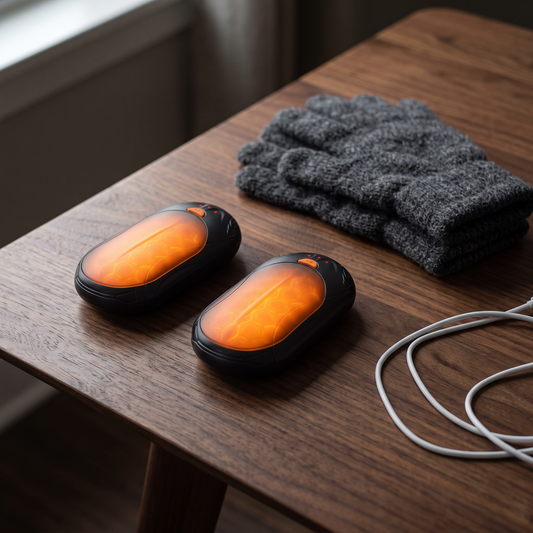 Pair of rechargeable hand warmers glowing orange on a walnut table beside knitted gloves and a charging cable
