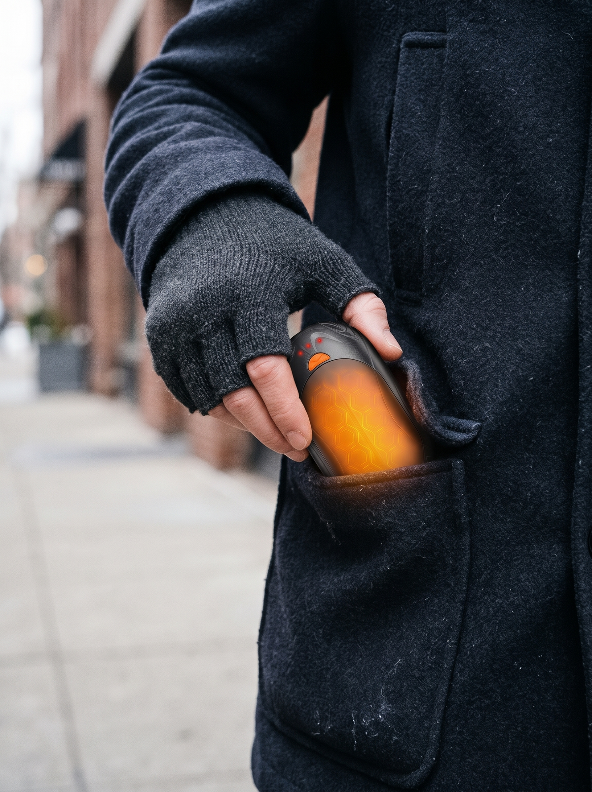 Hand sliding a warm hand warmer into a coat pocket