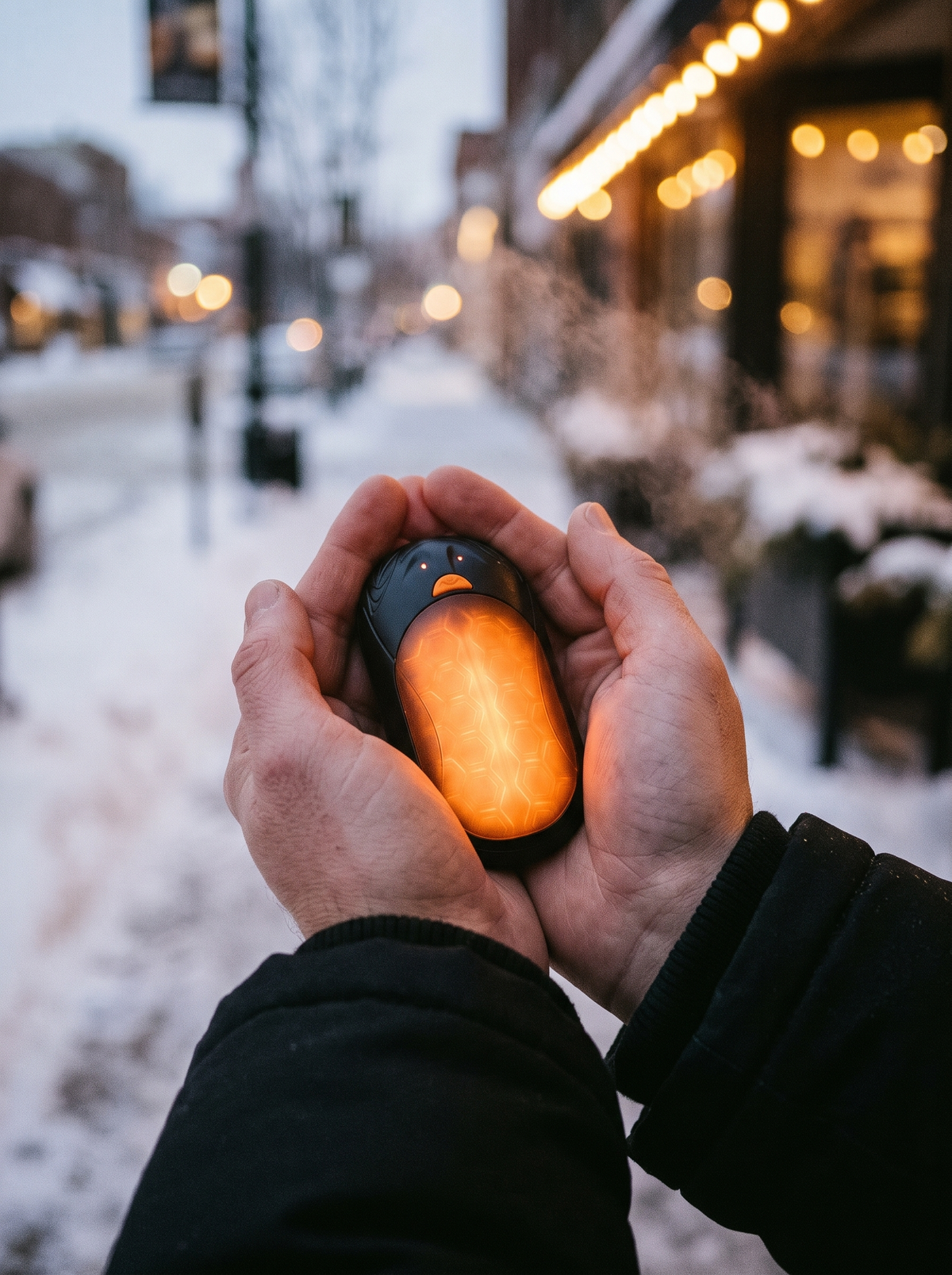Hands cupping a glowing hand warmer on a snowy street